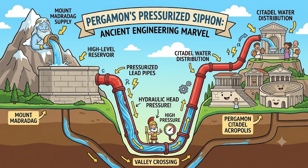 Pergamon pressurized siphon diagram — ancient Greek water engineering marvel showing hydraulic head pressure, lead pipes, valley crossing and citadel water distribution — Einstein Plumbing USA blog by Nick Jancovic