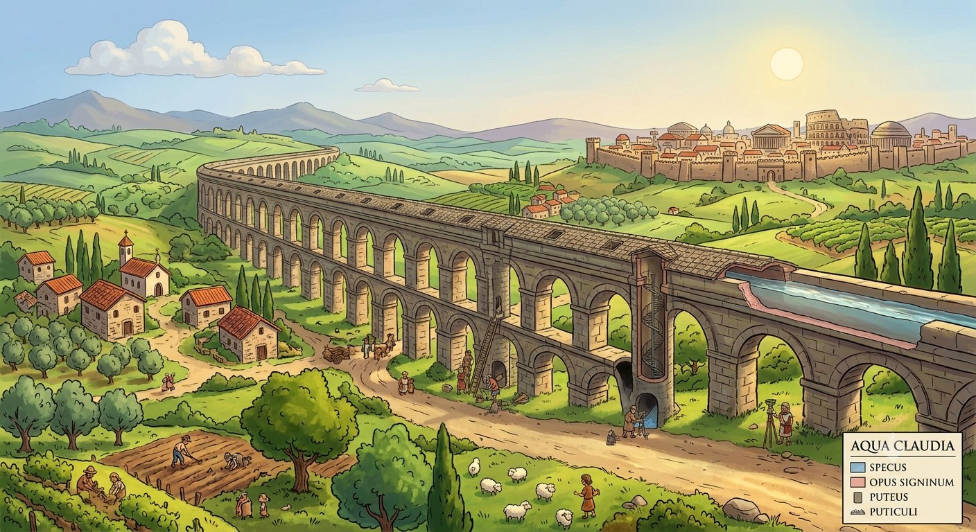 Aqua Claudia Roman aqueduct cross-section illustration — ancient water distribution system showing specus, opus signinum, puteus and puticuli — Einstein Plumbing USA blog by Nick Jancovic